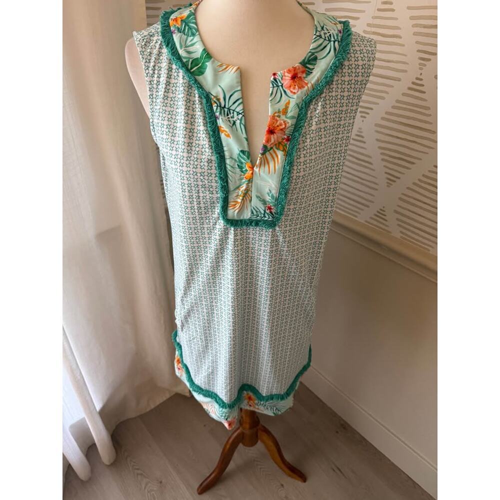 Cabana Life Women’s Medium Tulum Teal Fringe Sleeveless Tank Dress - Picture 3 of 10